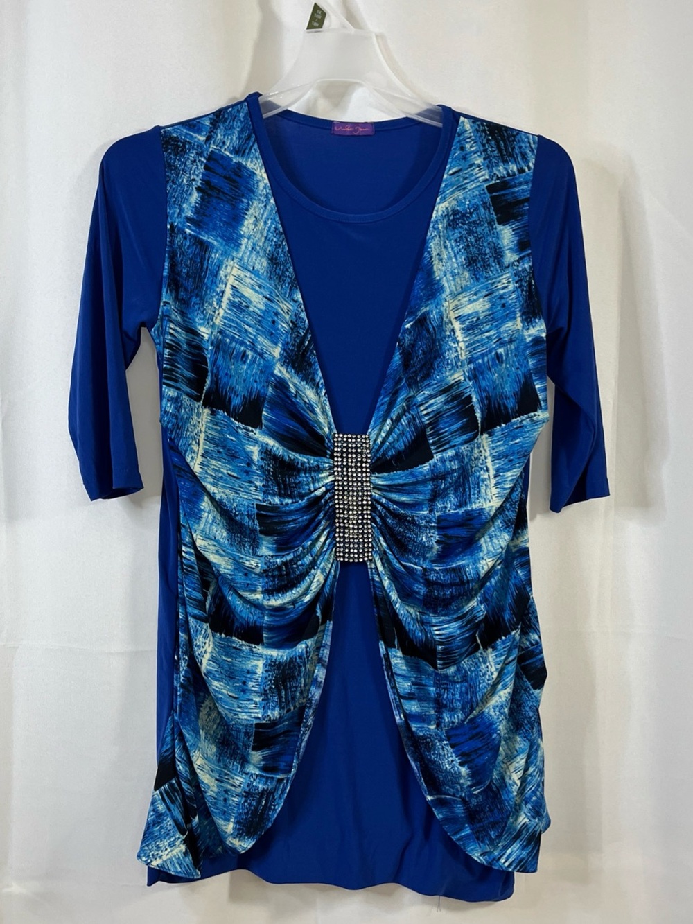 Violet Jean Women’s Blue Feux-Vest Tunic Top Blouse Rhinestone Cinch Buckle L